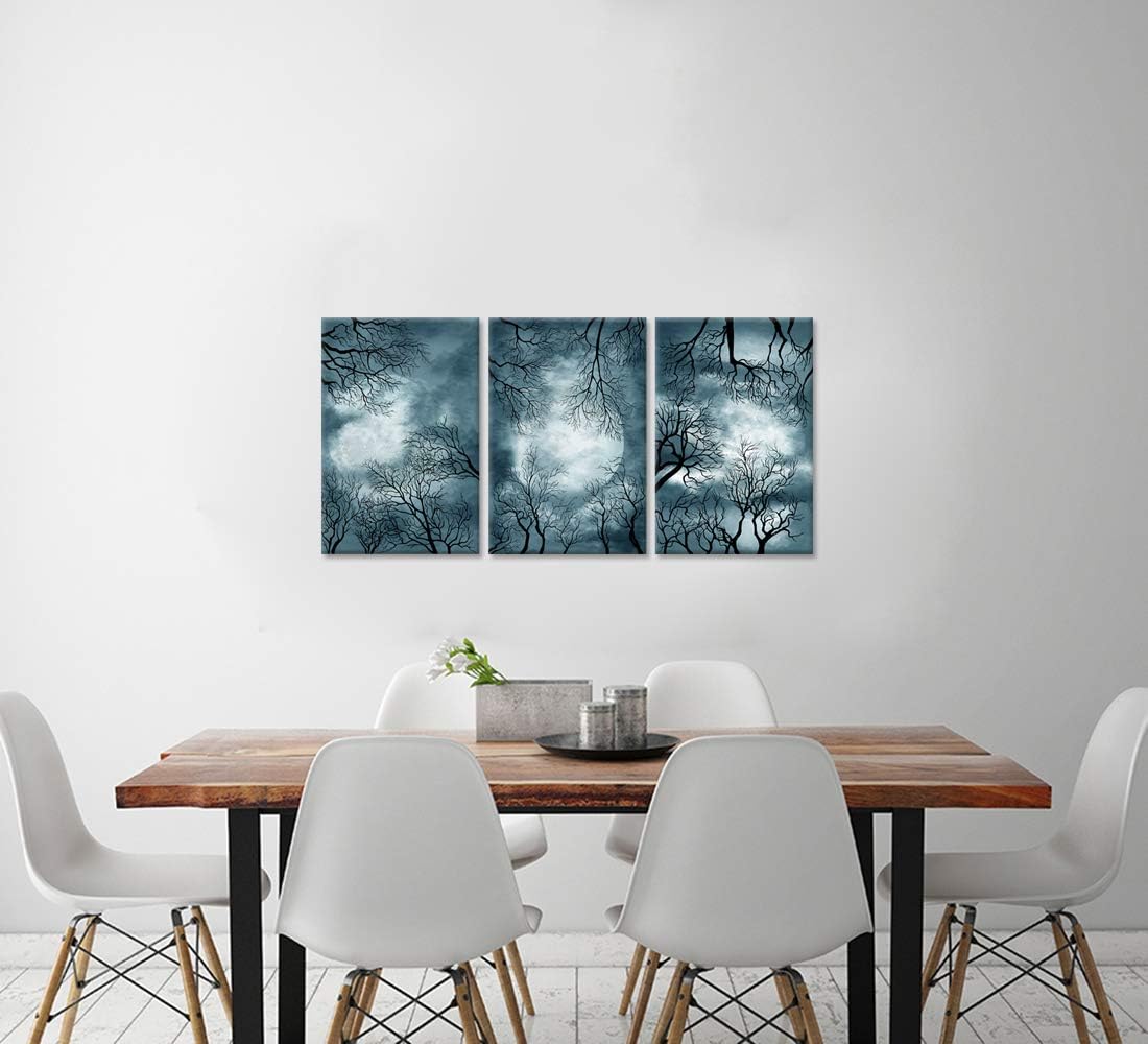 3 Pieces Full Moon Canvas Wall Art Forest Night Scenery Autumn Landscape Stretched and Framed 16x24inchx3pcs K82713