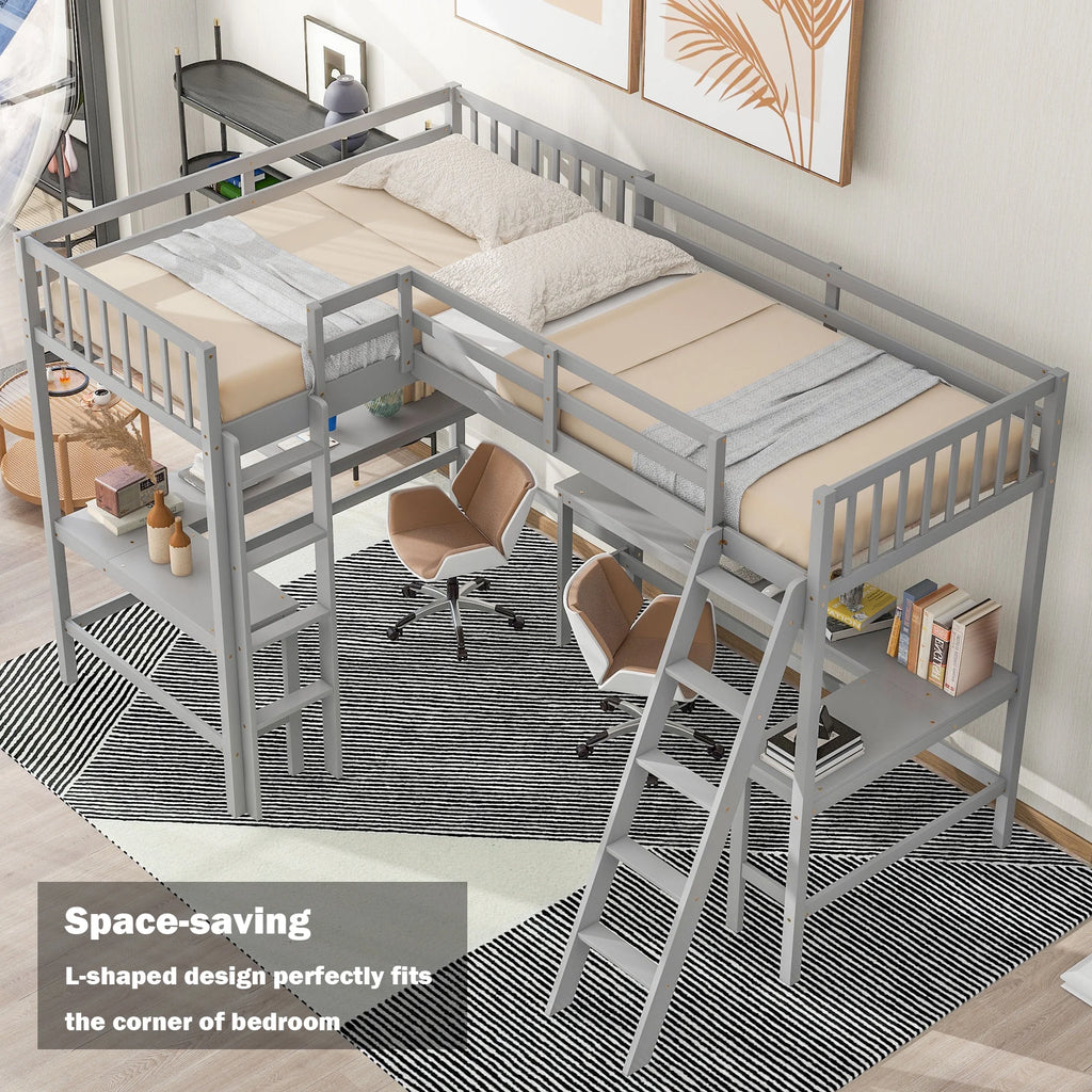 Twin Size L-Shaped Loft Bed with Desk, Ladder and Guardrails L68487