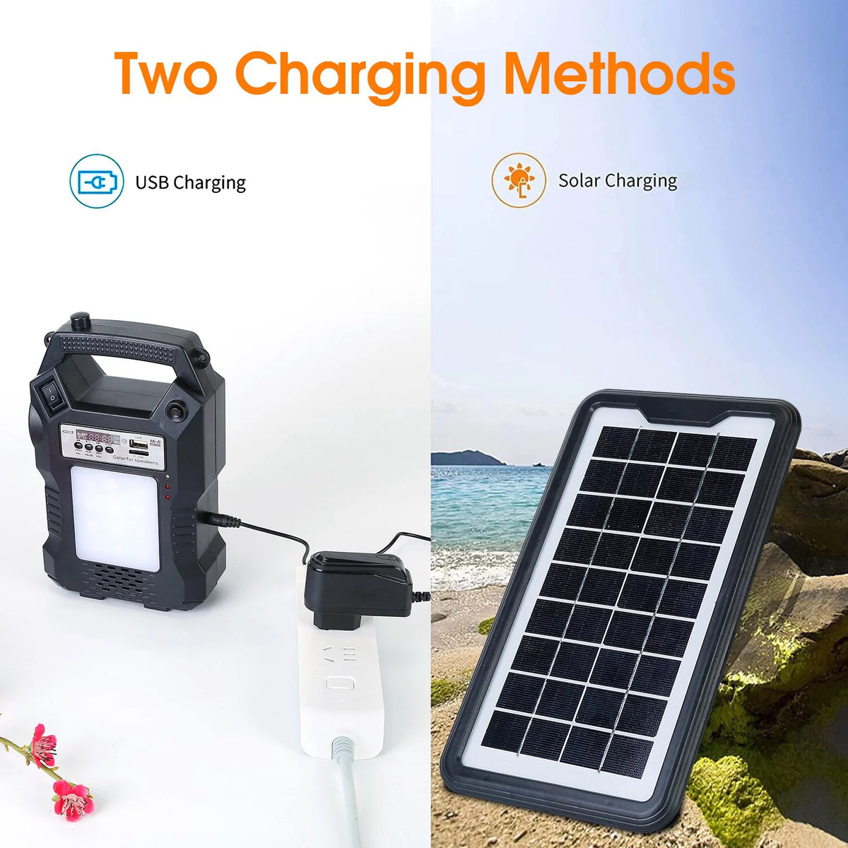 Portable Solar Power Station Rechargeable Power Bank with Flashlight Black C888