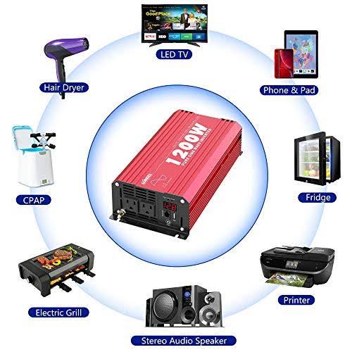 1200W Pure Sine Wave Power Inverter DC 12V to AC 120V with Remote Control USB Port LED Display K5745