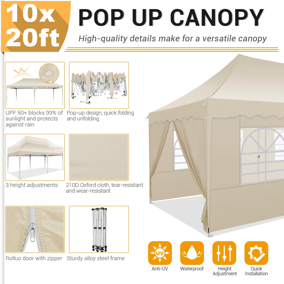 10' x 20' Pop up Canopy Tent with 6 Removable Sidewalls & Carry Bag F2199