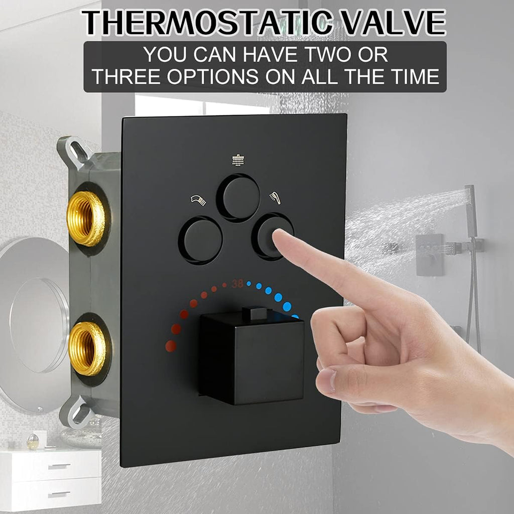 Matte Black 3-Way Thermostatic Shower Diverter Mixer Valve Trim K629
