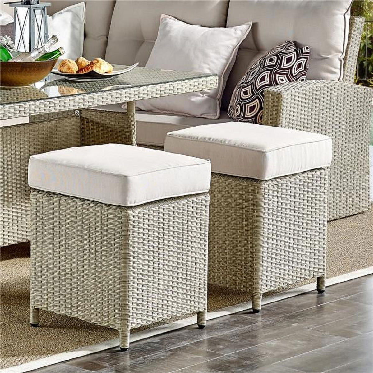 Cream Wicker Outdoor Square Stools with Cushions Set of 2 X27504