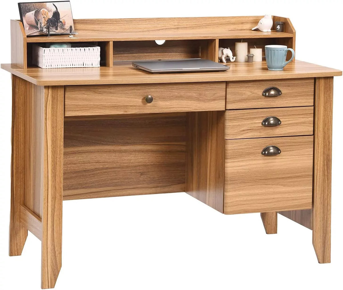 White Oak Computer Desk with Drawers and Hutch Shelf Q8315