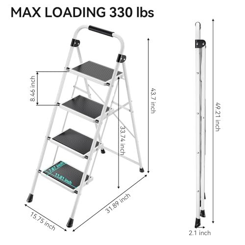 4 Step Folding Steel Step Ladder with Handrails White W653910