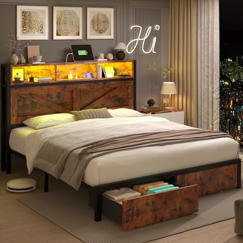 Rustic Brown Full Bed Frame with Bookcase Headboard and Storage Drawers Y2739