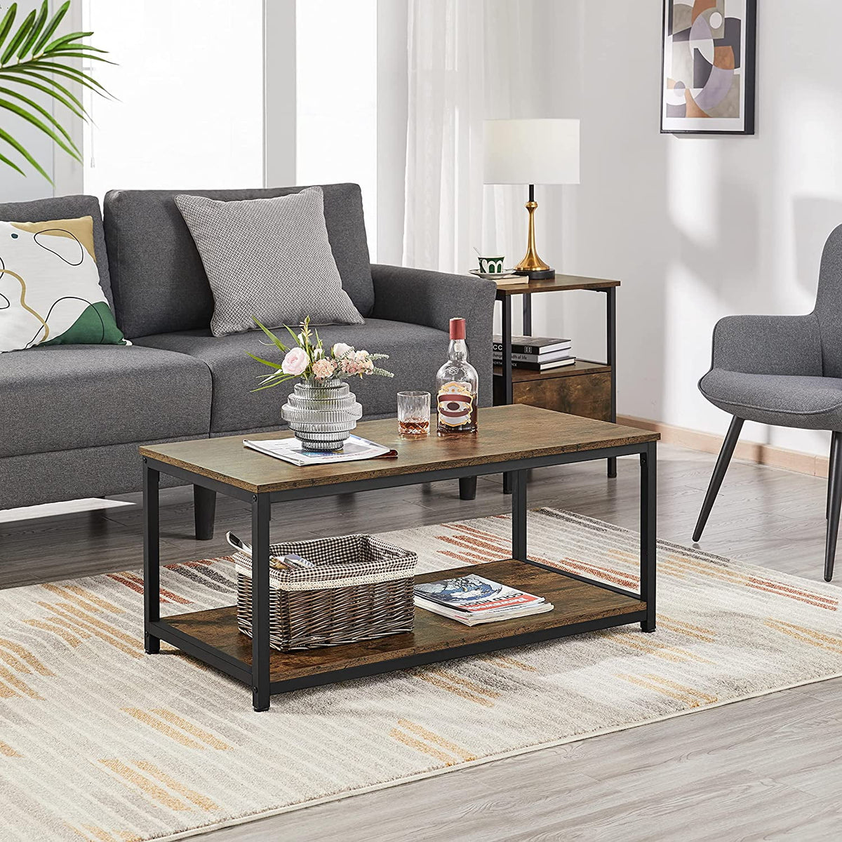 2-Tier Wood Coffee Table with Storage Shelf Metal Frame G997