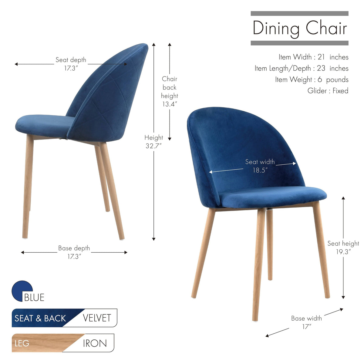 Blue Velvet and Metal Dining Chairs Set of 2 O886