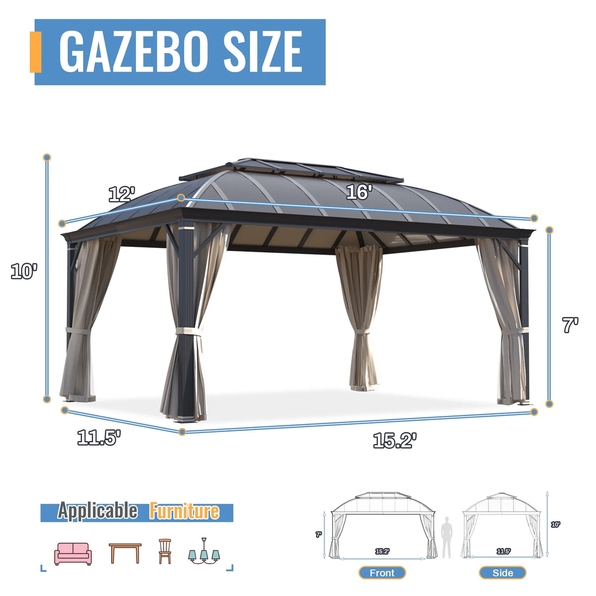 12'x16' Hardtop Aluminum Patio Gazebo with Aluminum Composite Double Roof G521