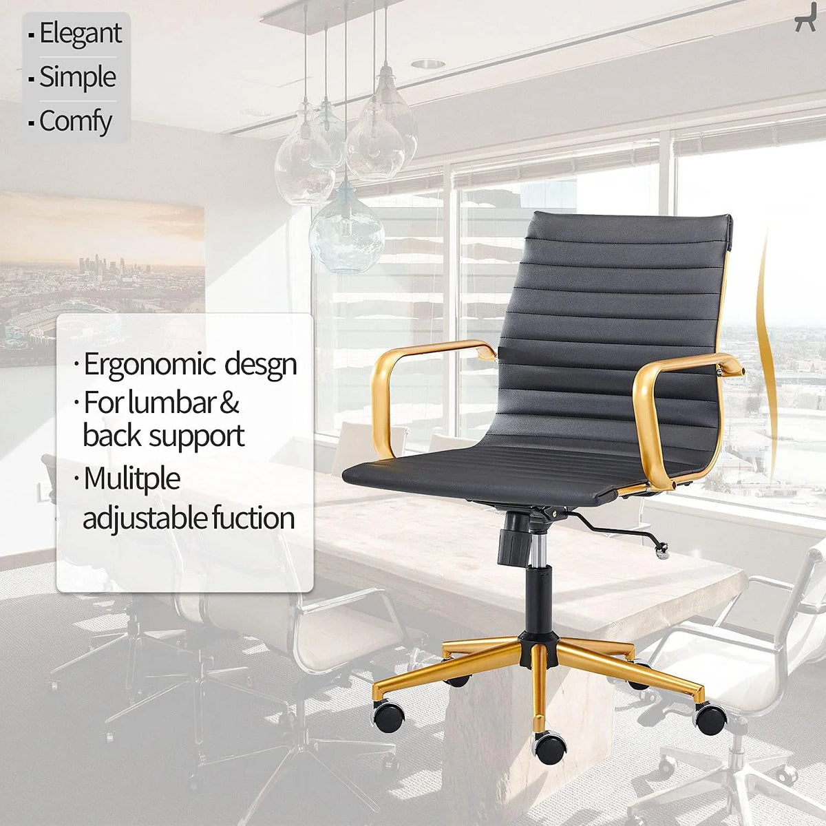 Black Ergo Office Chair with Back Support and Caster Wheels 320Lbs U1361