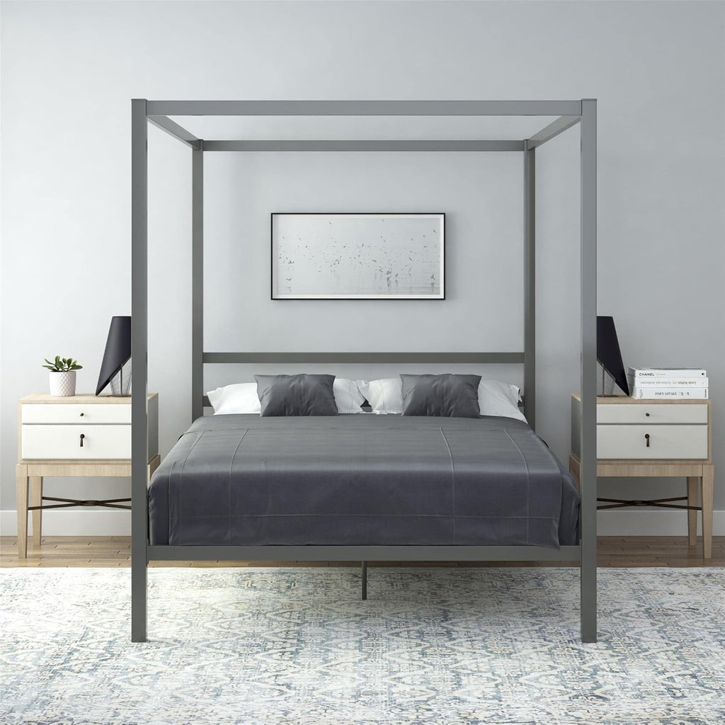 King Size Gray Canopy Bed with Built-in Headboard X89751