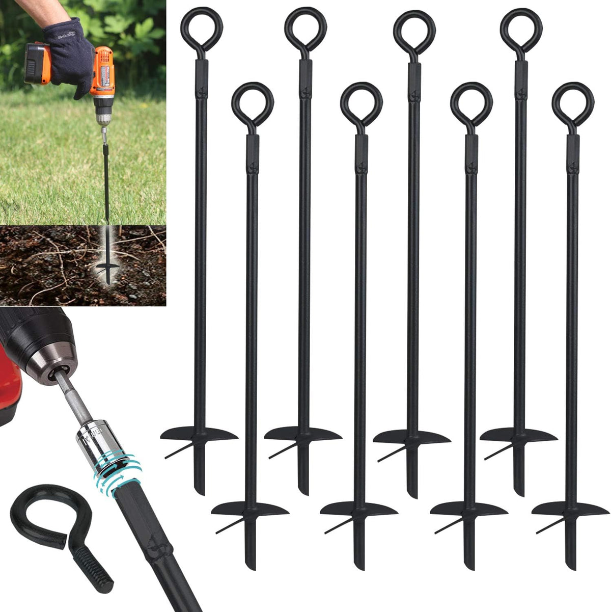 Black Ground Anchor 15 Inches, 10MM Thick, 8 Pack Z4259