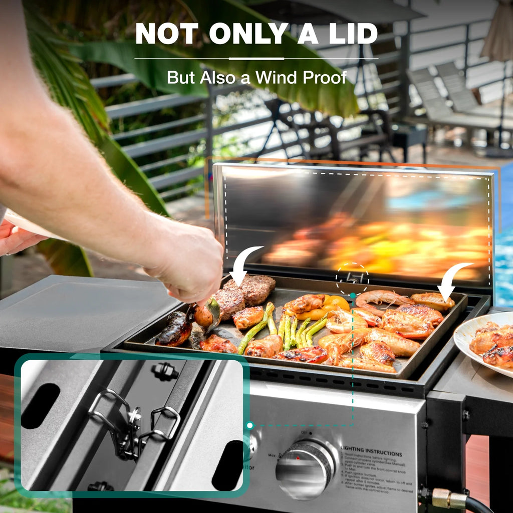 2-Burner Propane Grill and Griddle Cooking Station with Side Shelves Black X4295