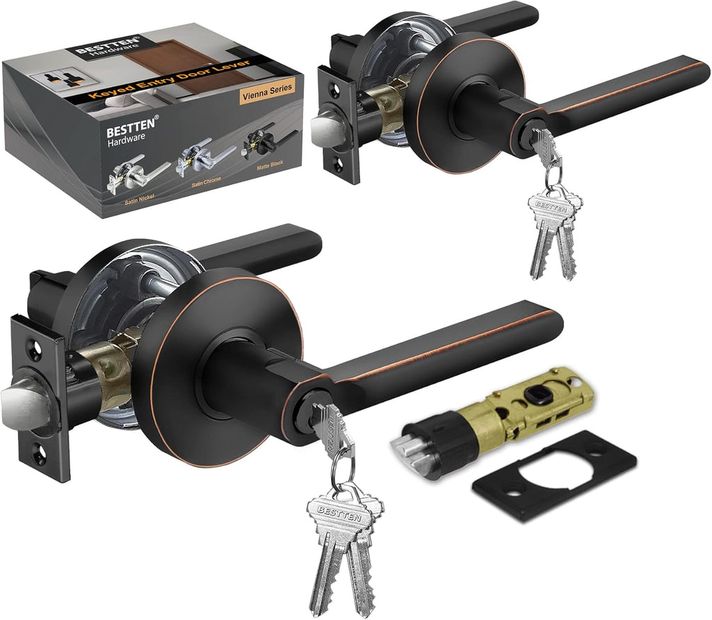 [2 Pack] Oil Rubbed Bronze Keyed Alike Entry Door Lever Set with Lock N255