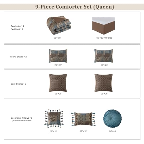 9-Piece King Jacquard Comforter Set with Euro Shams, Bedskirt, Decorative Pillow W450
