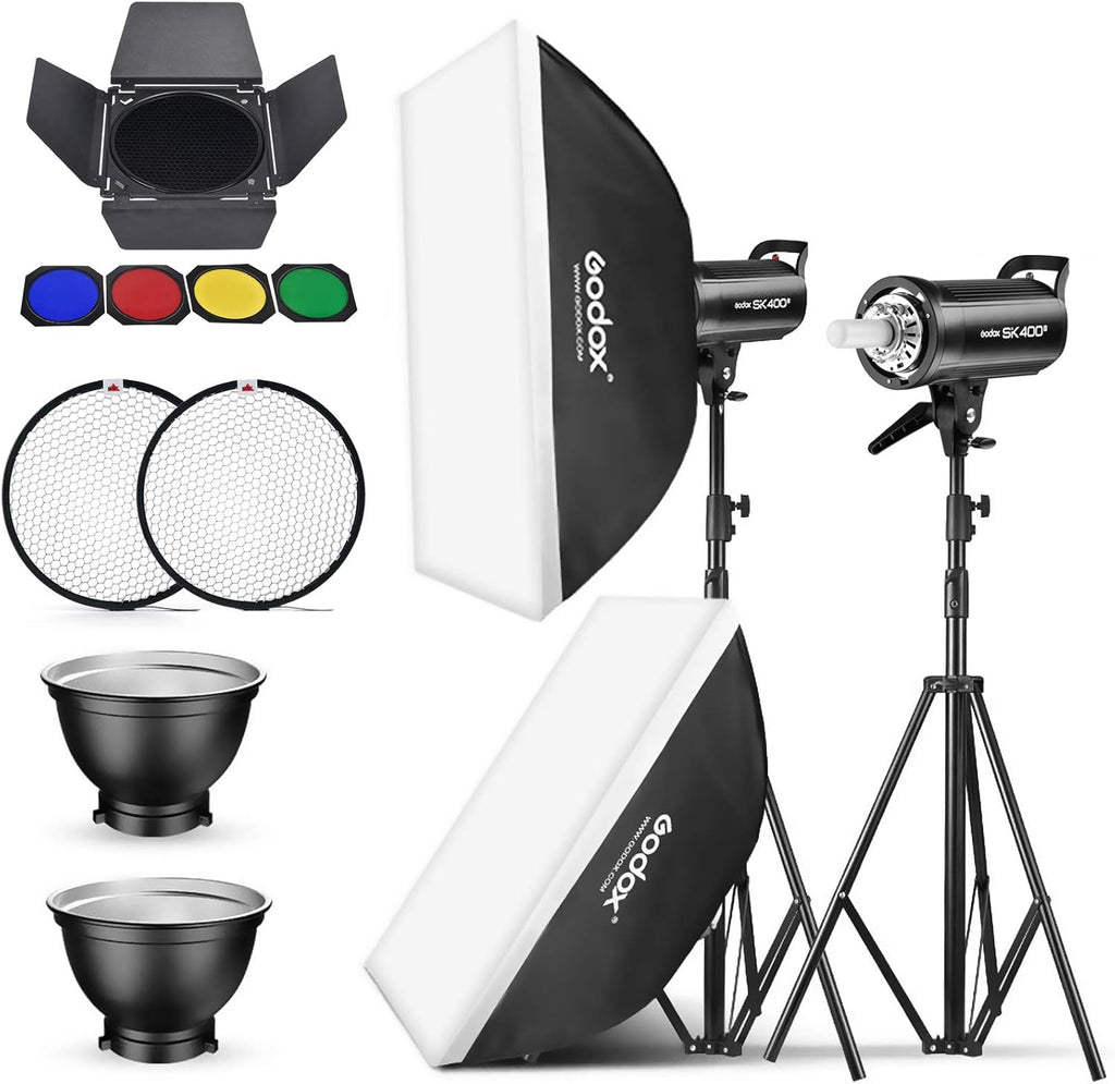2 Pack 800Ws Photo Speedlite Studio Flash Strobe Monolight Bowens Mount Kit with Softbox, Light Stand, Barn Door Kit, Reflector C53822