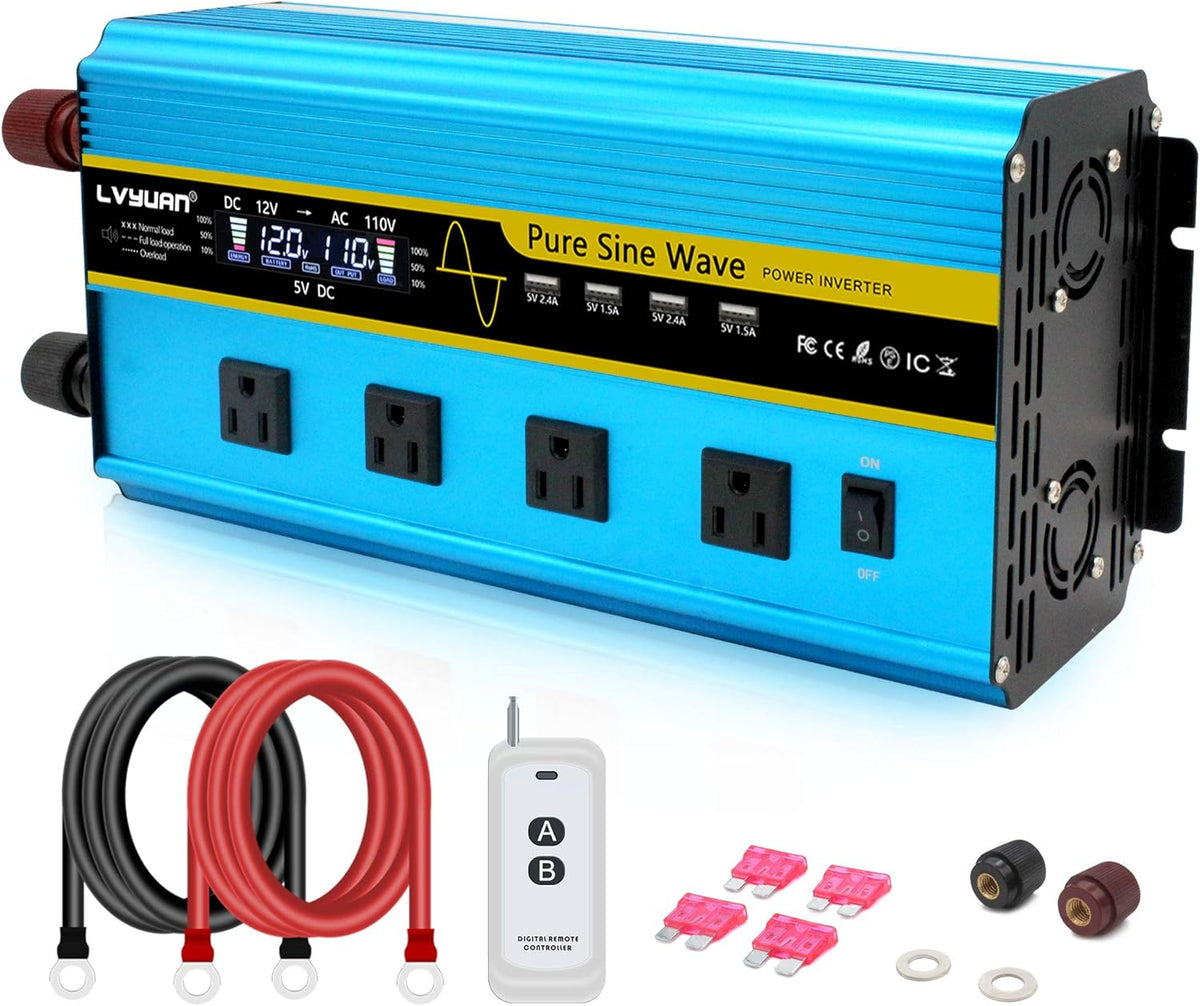 Pure Sine Wave Inverter 2500 Watt 12V to 110V DC to AC with Remote Controller LCD Display 4 AC Sockets 4 USB Charge Ports T525