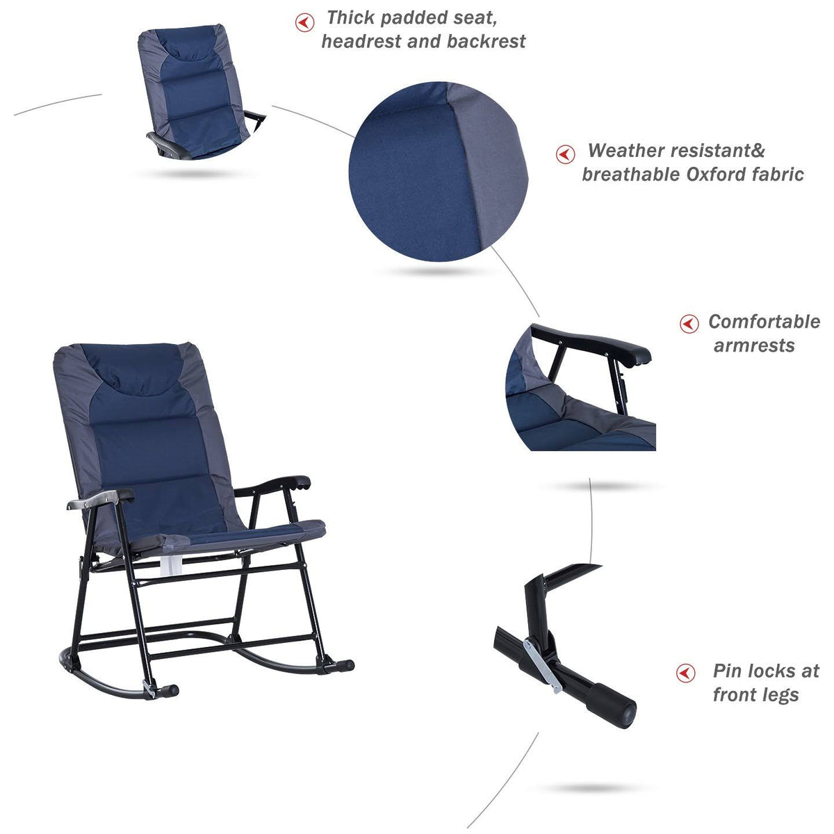 Blue Folding Padded Outdoor Camping Rocking Chair Set X295570