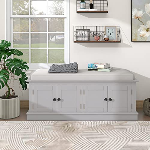 Antique Navy Storage Bench with 4 Doors and Adjustable Shelves A727681
