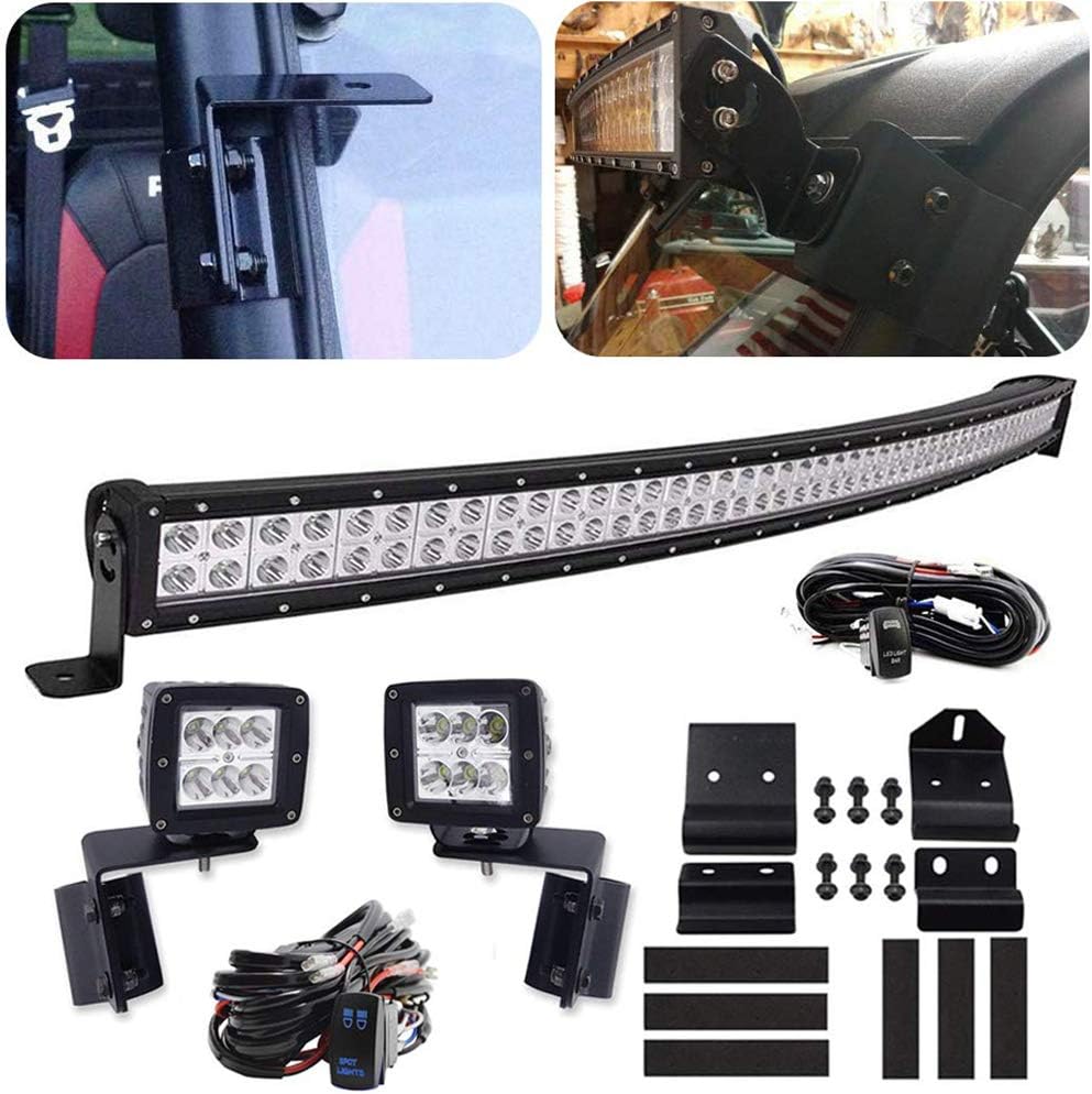LED Light Bar Mount Windshield Kit 50 288W Curved Front Pillar Side 2x 18W 3 Cube Lights Brackets w/ 2x Wiring Kit Full Size Pro-Fit Cage Upper For 2013-2021 Polaris Ranger XP 1000 900 570 Q3661