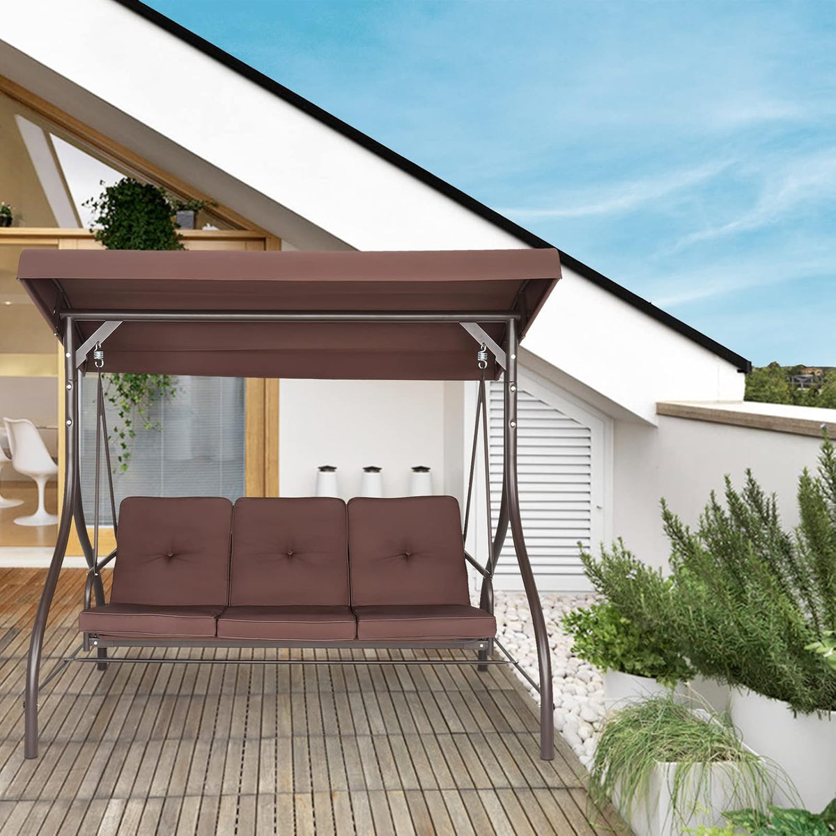 Steel Swing with Cushion and Canopy, 3-Seater Brown, 74.8''*47.24''*68.9'' O9383