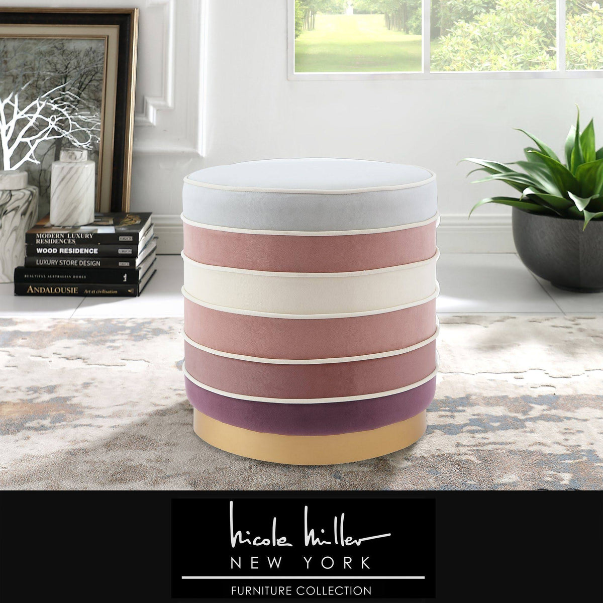 Blush Pink Velvet Ottoman with Metal Base D155815