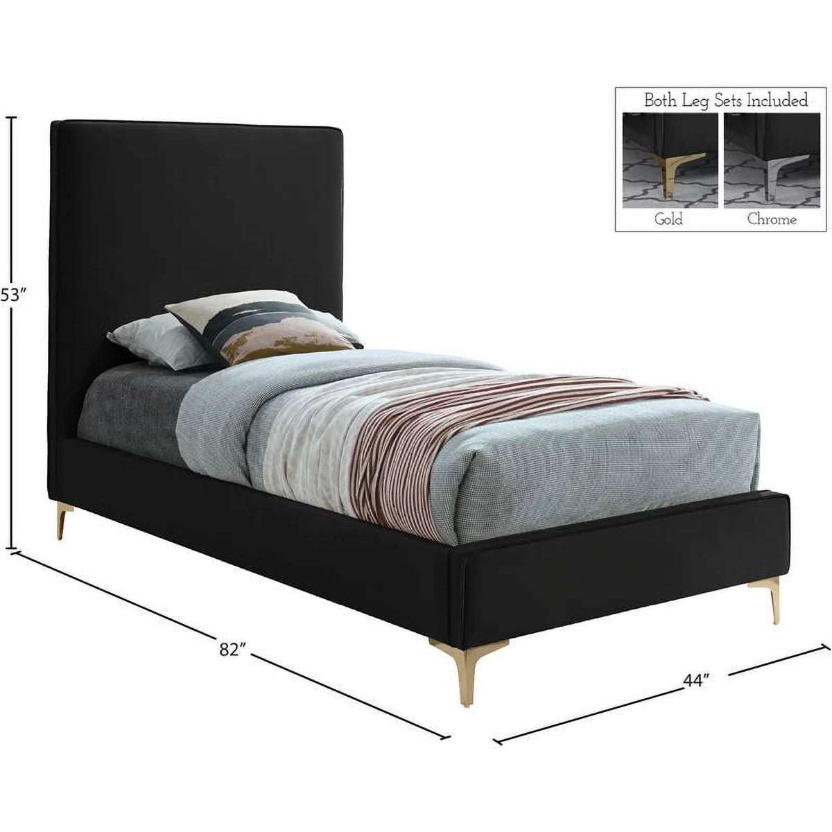 Black Velvet Twin Bed with Gold and Chrome Legs E70931