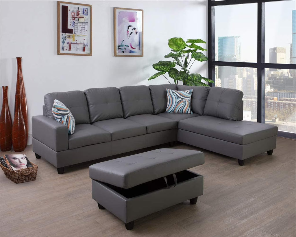 Dark Grey Faux Leather Sofa & Chaise with Ottoman O237