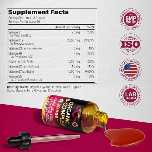 USDA Organic Vitamin B12 Sublingual Drops 5000 mcg Liquid Vegan Methylcobalamin 2 fl oz S797