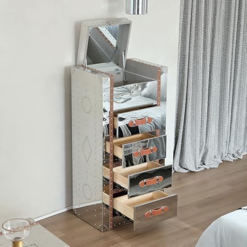 5 Drawers Tall Dresser with Flip Top Mirror Metal Clad Antique Chest I255028
