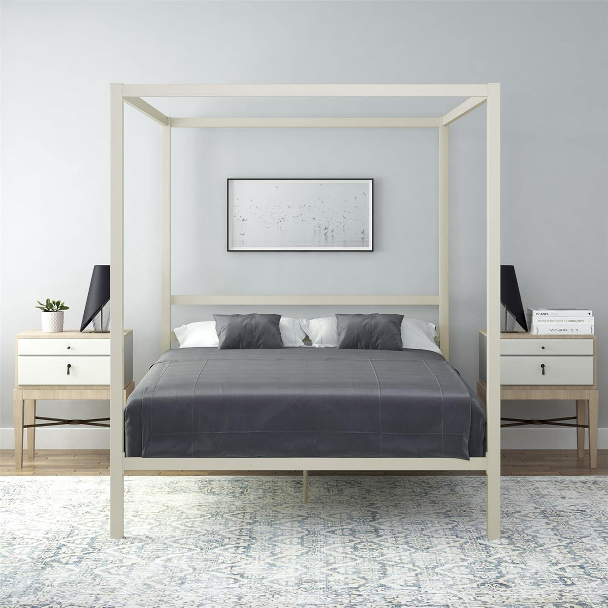 King Size Gray Canopy Bed with Built-in Headboard X89751