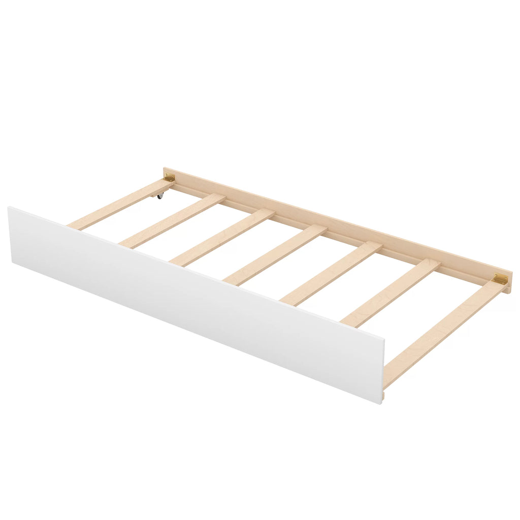 White Wood Twin over Twin Bunk Bed with Trundle and Storage Stairs G9281