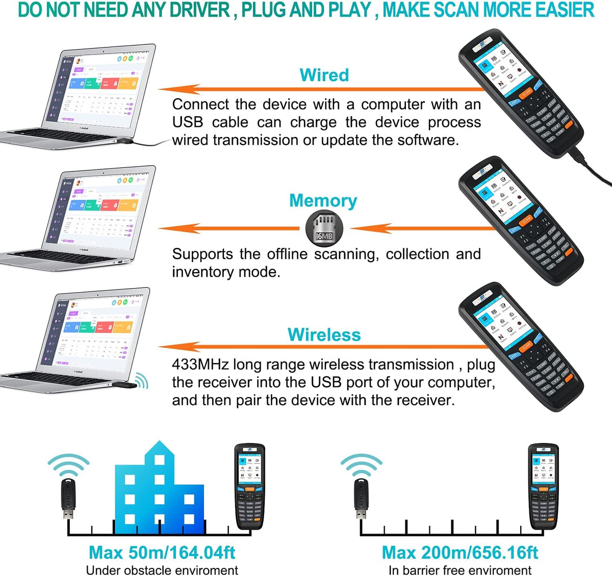 Wireless 1D Portable Inventory Scanner with TFT Color LCD Screen H1890