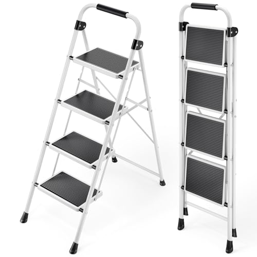 4 Step Folding Steel Step Ladder with Handrails White W653910