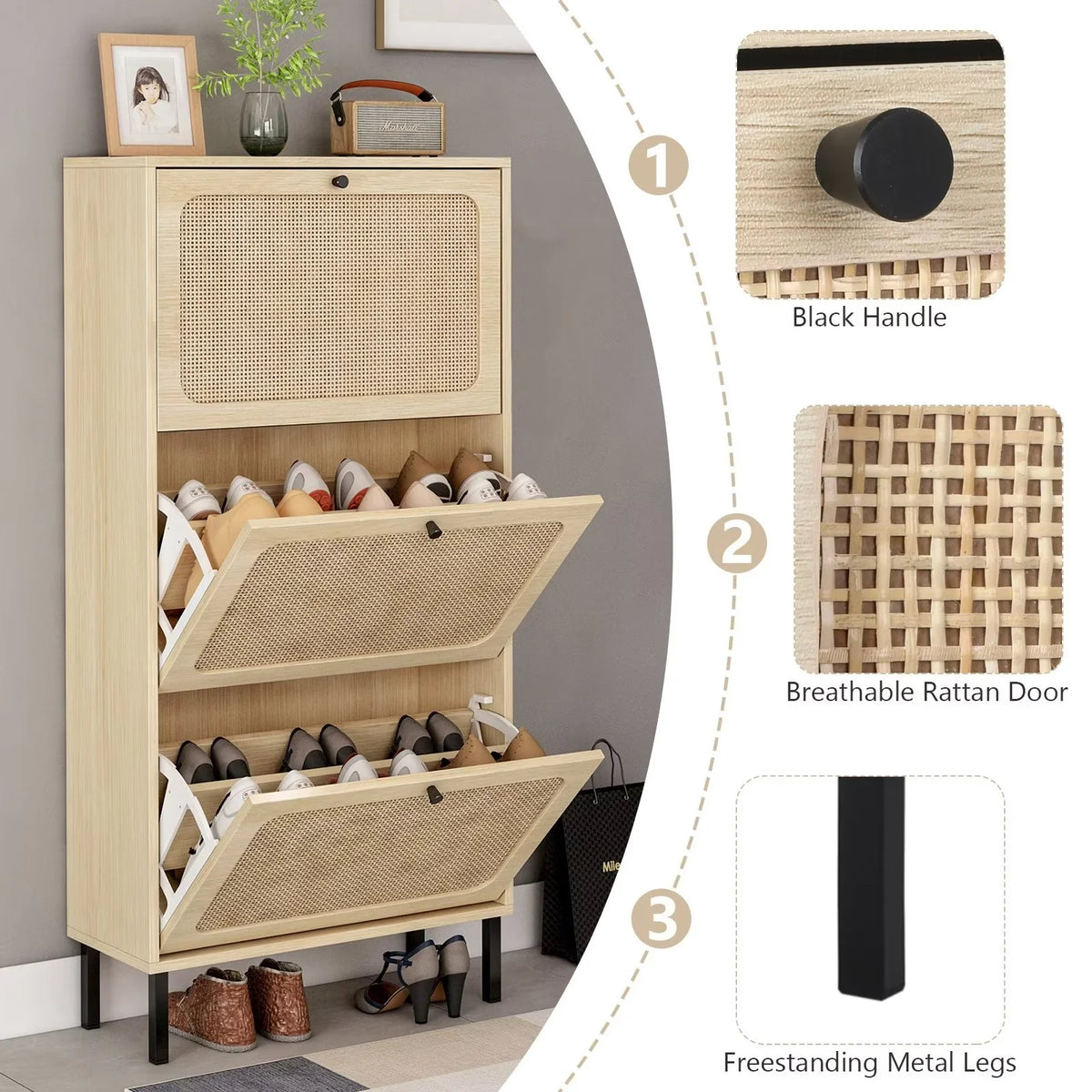 3 Flip Drawer Rattan Shoe Cabinet with Adjustable Shelves O1039