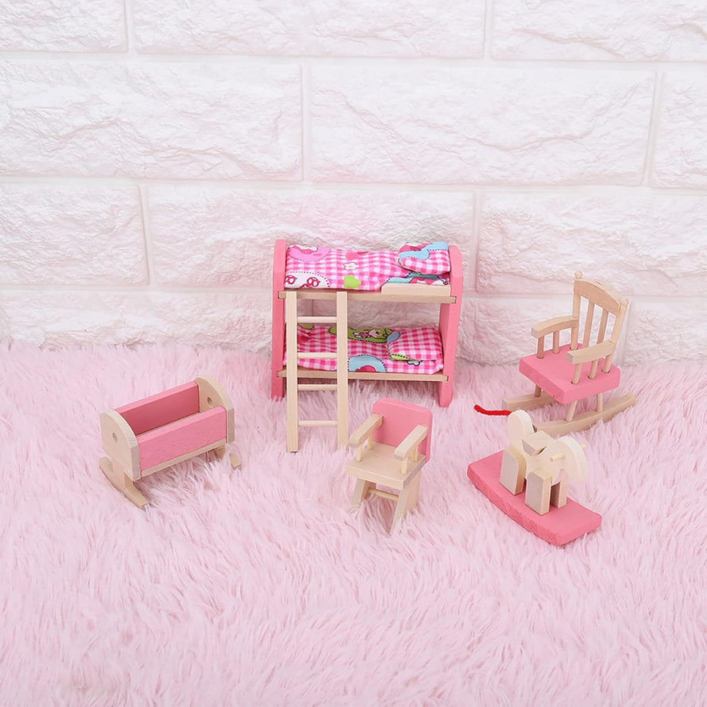 6 Different Rooms Wooden Dollhouse Furniture with Cushion and Towel J9705