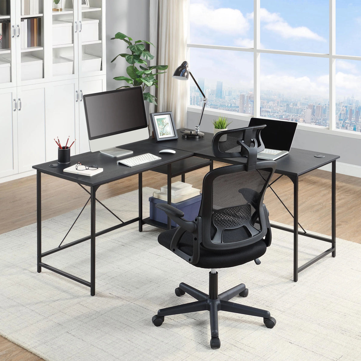 Black Fabric Ergonomic Office Chair with Adjustable Headrest Q531840