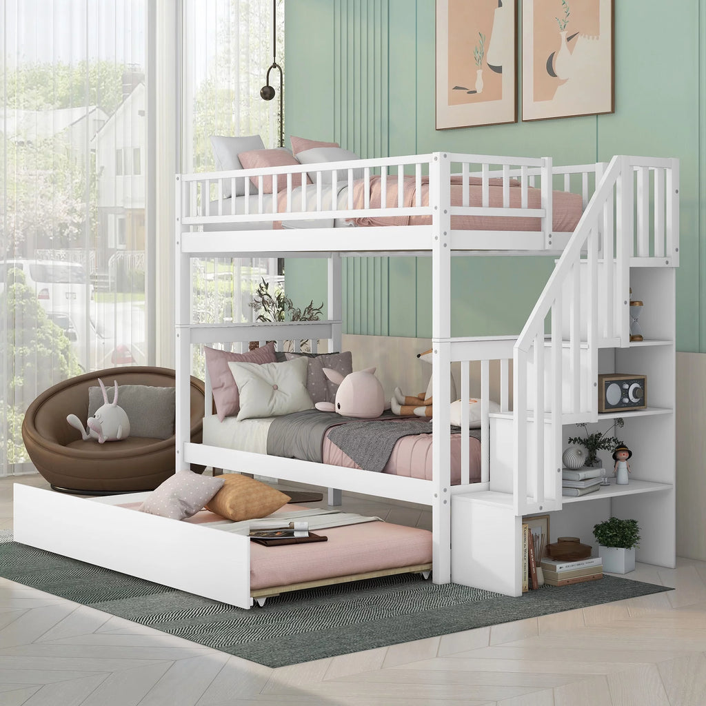 White Wood Twin over Twin Bunk Bed with Trundle and Storage Stairs G9281