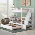 White Wood Twin over Twin Bunk Bed with Trundle and Storage Stairs G9281