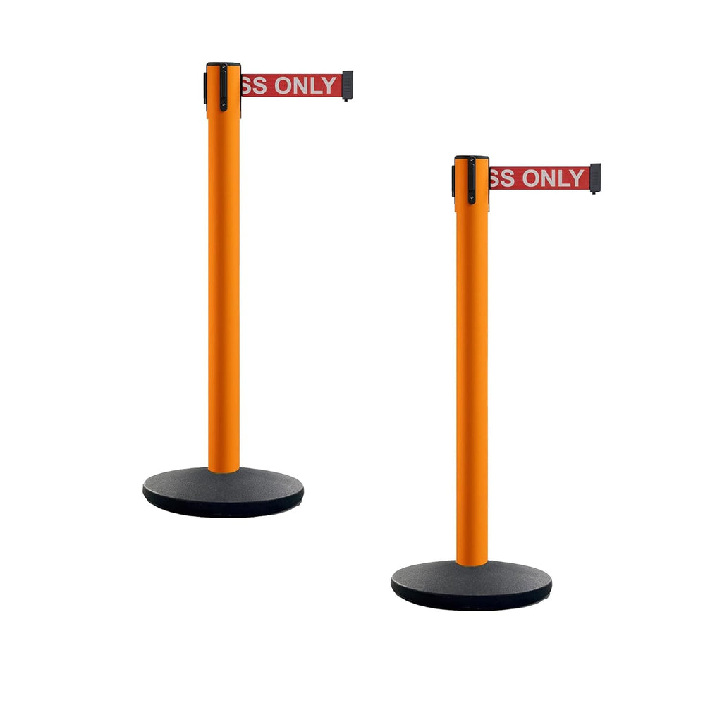 Set of 2 Retractable Belt Barrier Stanchion, Cast Iron Base Yellow Post M394