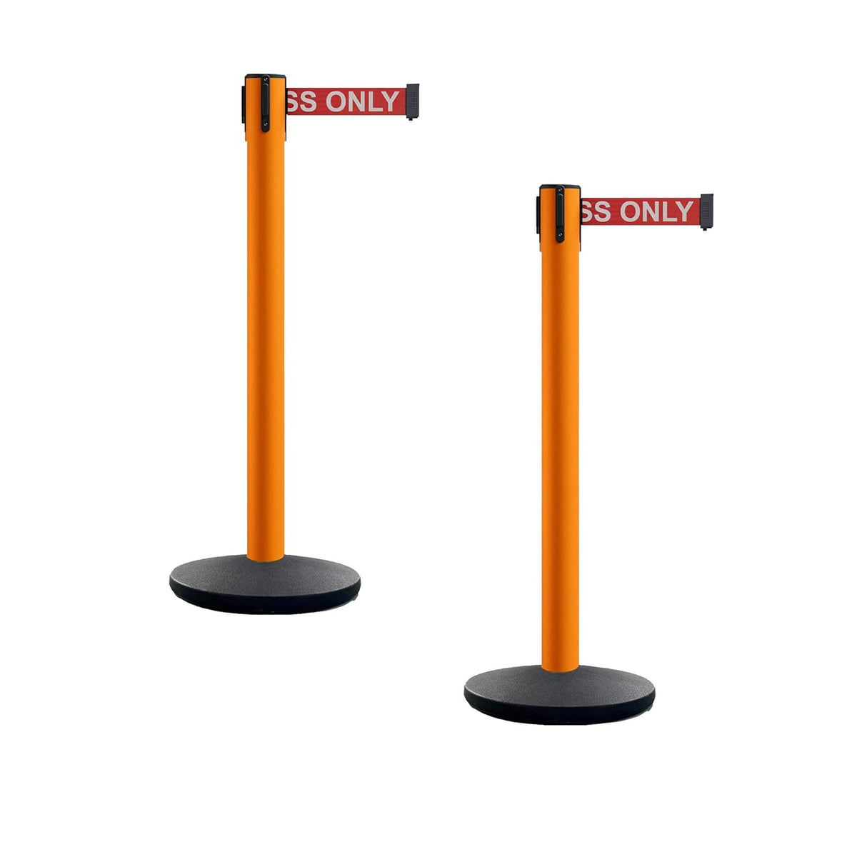 Set of 2 Retractable Belt Barrier Stanchion, Cast Iron Base Yellow Post M394