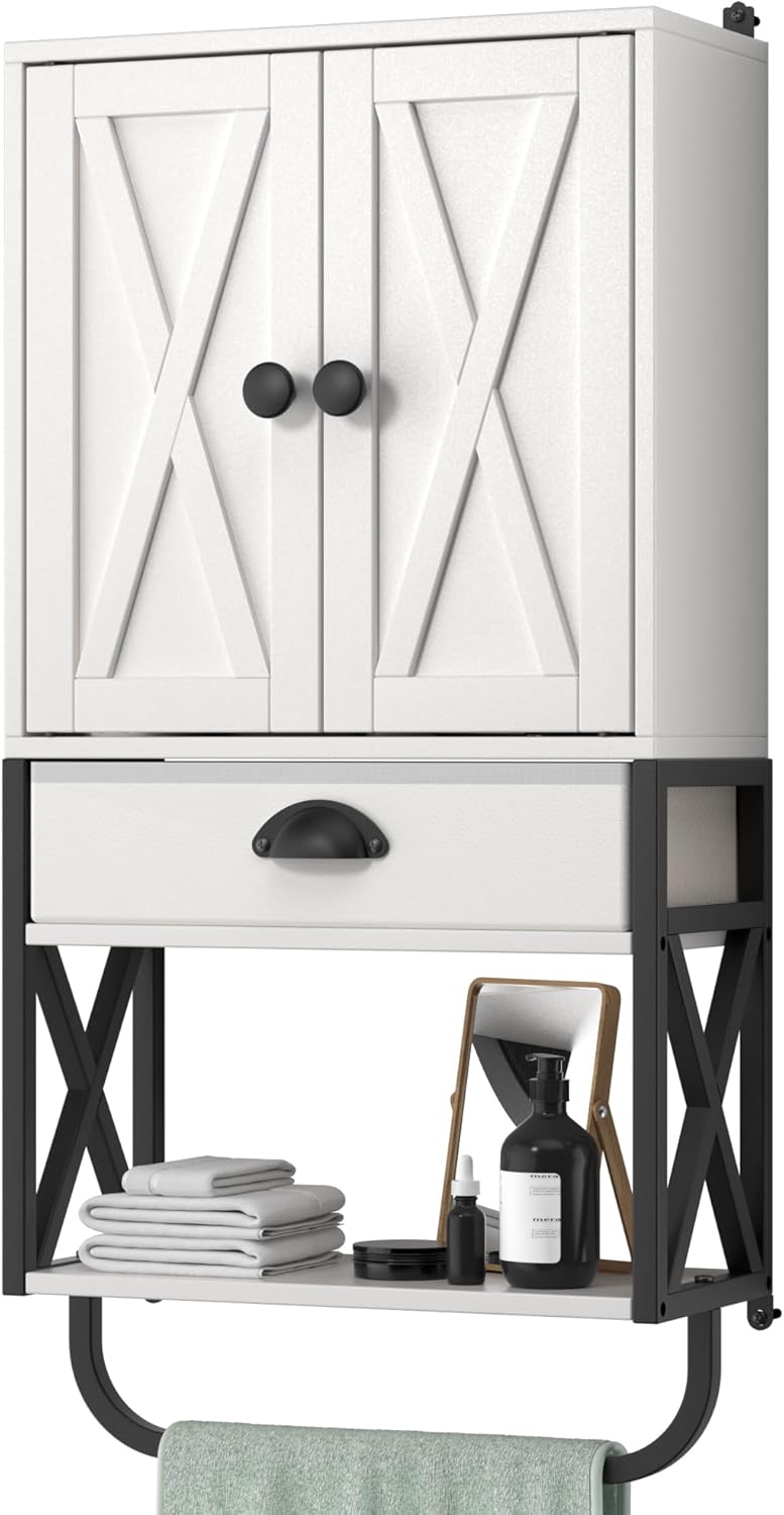 White 3-Tier Wooden Wall Cabinet with 2 Door and Adjustable Shelf F34729