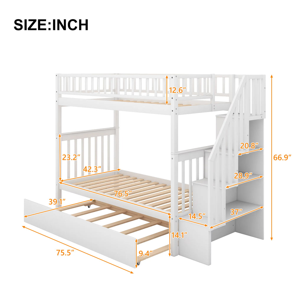White Wood Twin over Twin Bunk Bed with Trundle and Storage Stairs G9281