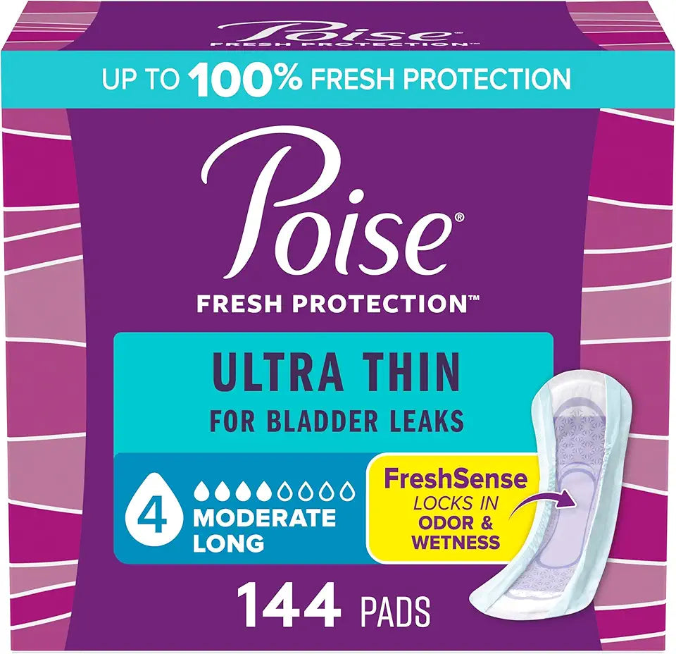 Ultra Thin Incontinence Pads, 4 Drop Moderate Absorbency, Long Length, 144 Count U934030