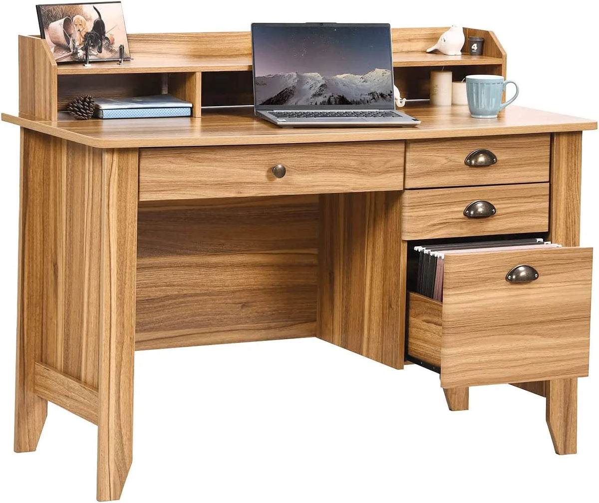 White Oak Computer Desk with Drawers and Hutch Shelf Q8315