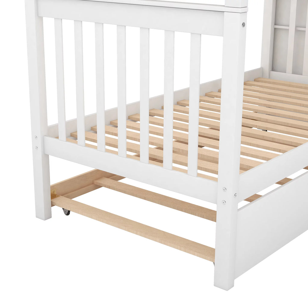 White Wood Twin over Twin Bunk Bed with Trundle and Storage Stairs G9281