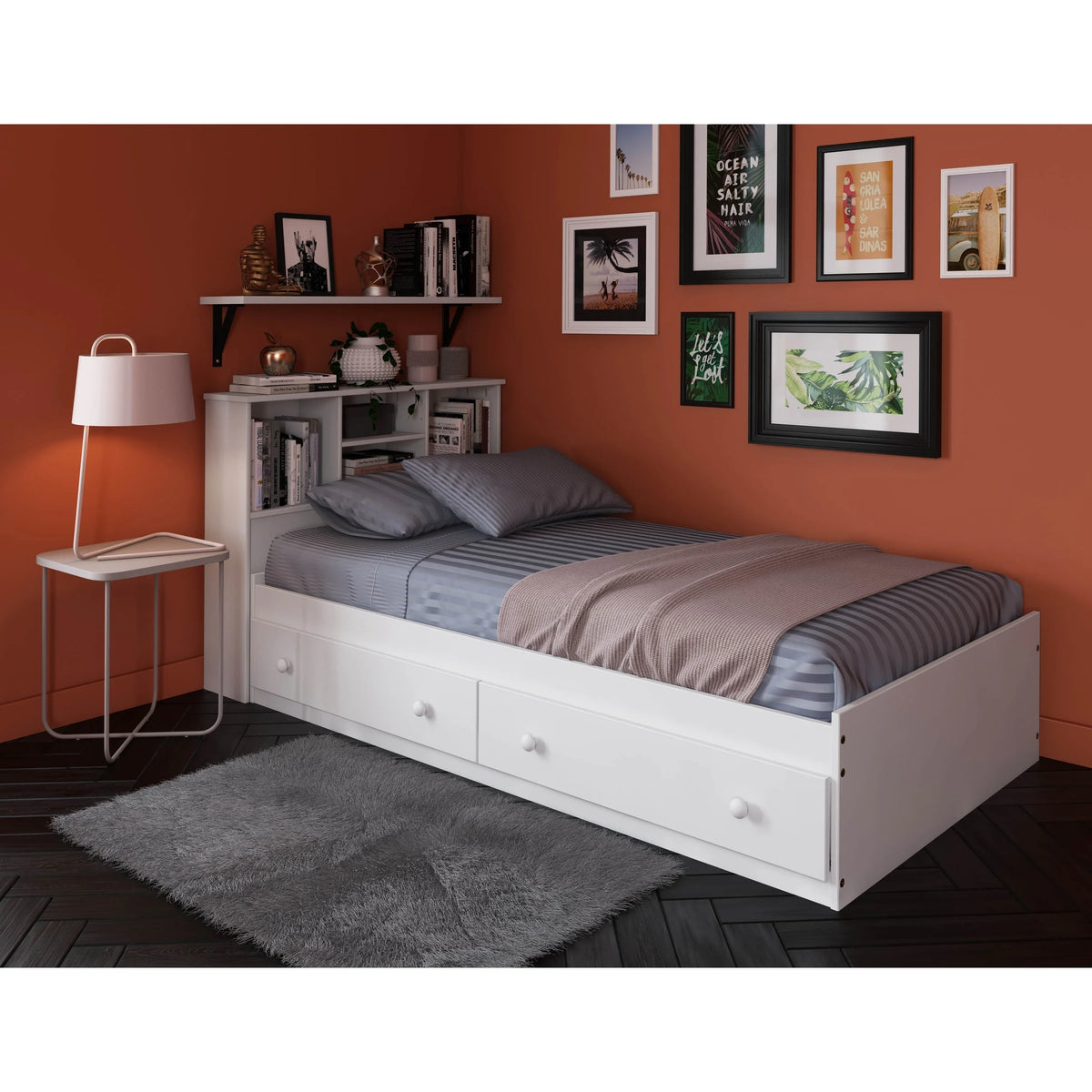 100% Solid Wood Twin Size Storage Bed with Drawers White S56062