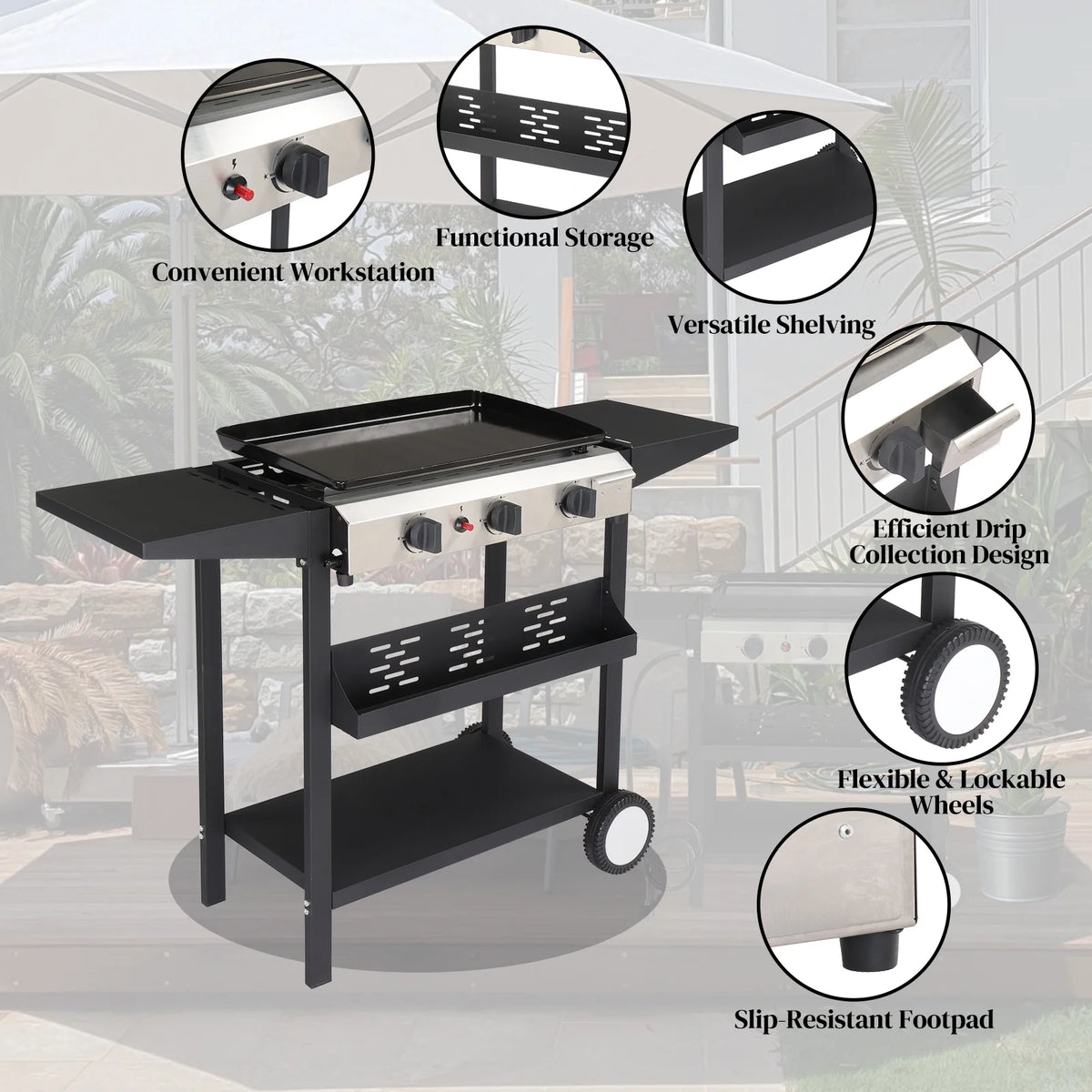 3 Burner Propane Gas Grill 30000 BTU with Side Shelves I59615