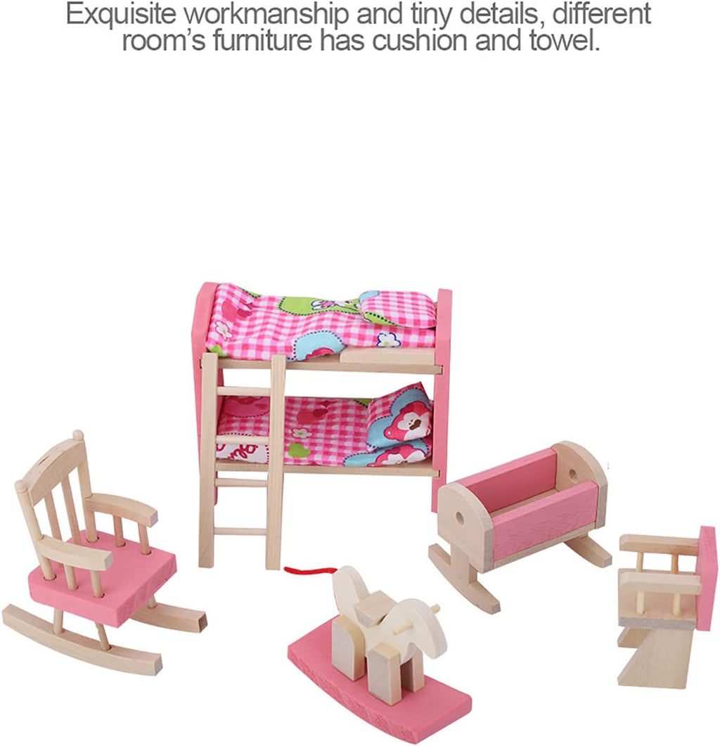 6 Different Rooms Wooden Dollhouse Furniture with Cushion and Towel J9705