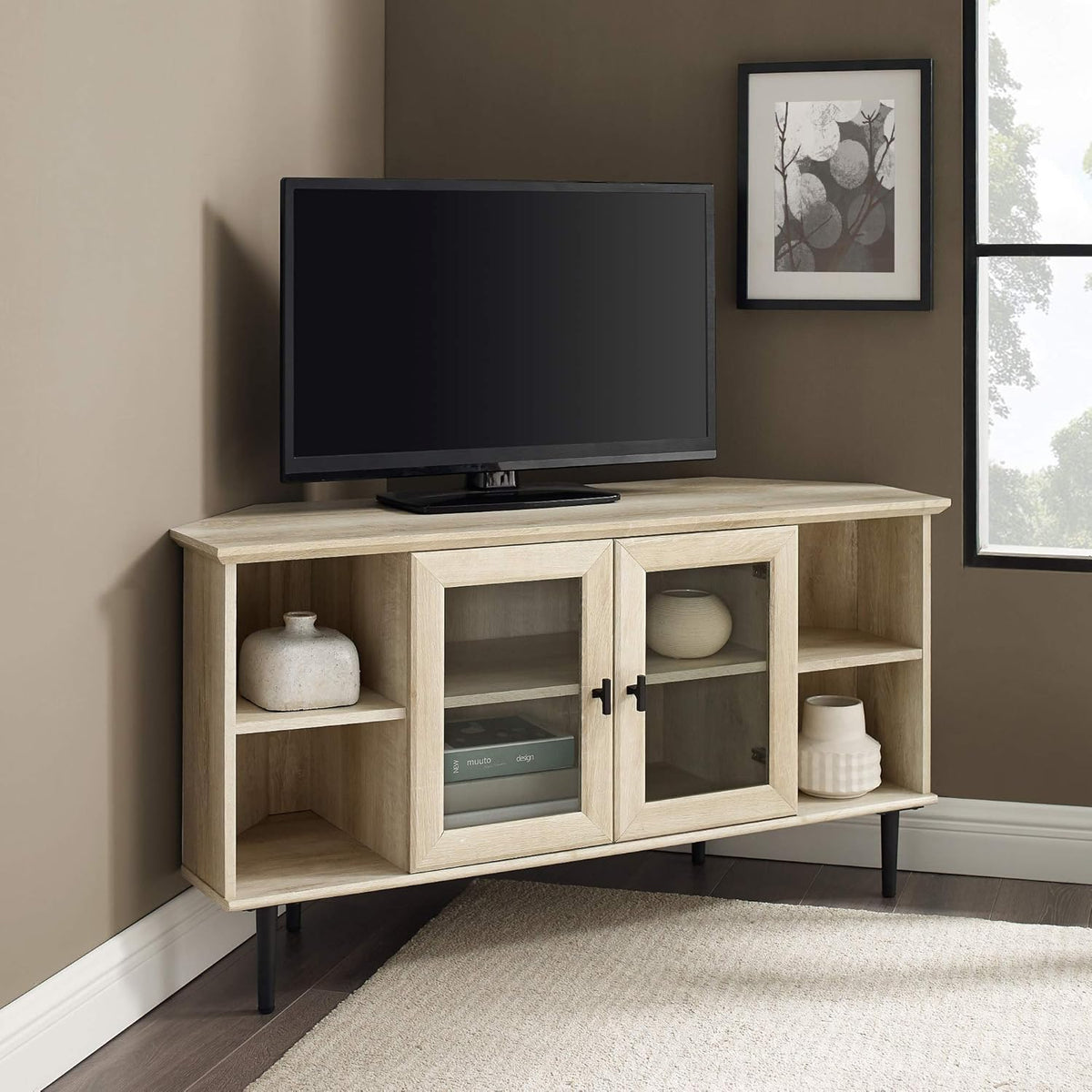 Rustic Oak 58 Inch Wood and Glass TV Stand T6212